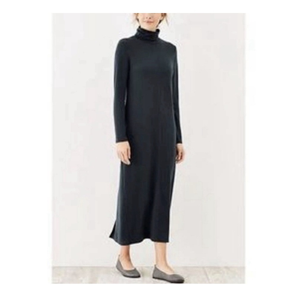 J. Jill Pure Jill Luxe Tencel Blue Maxi Dress Turtleneck Medium Back Slit LS